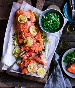 Slow-cooked ocean trout with peas, and Meyer lemon and fennel salsa