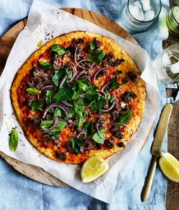 Spiced lamb pizza with onion, mint and sumac