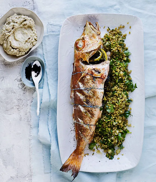 Roasted gurnard with smoky eggplant, farro and boiled lemon