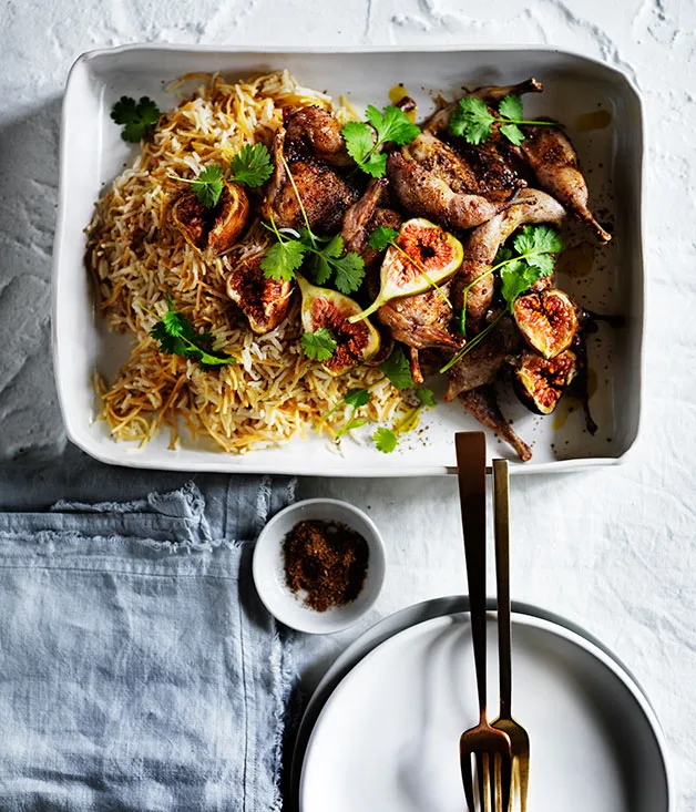 Spice-crusted quail with buttered rice and figs