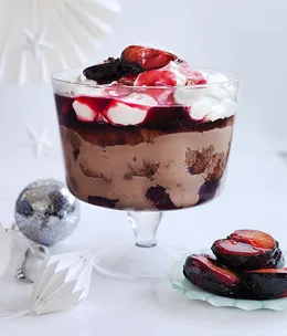 Chocolate trifle with umeshu jelly, plums and crème fraîche