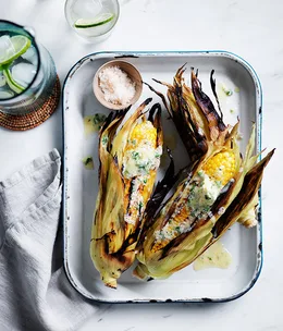 Grilled corn with whipped sesame butter, lime and coriander