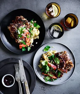 Lamb loin chops with smoky eggplant, and farro and tomato salad