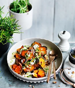 Charred sweet potato, goat’s curd and almonds