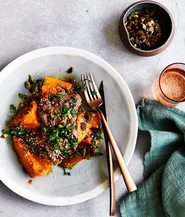 Lamb backstrap with roast pumpkin, anchovy, mint and sesame