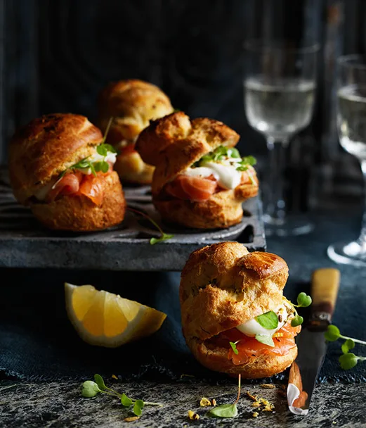 Chive gougéres with cured trout and crème fraîche