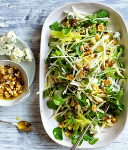 Apple, celery and Roquefort salad with roasted hazelnut-raisin dressing