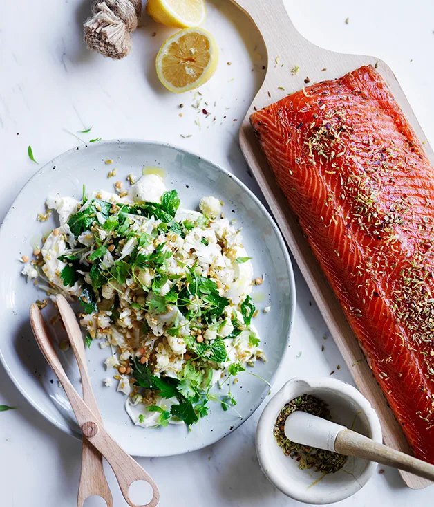 Citrus-cured salmon with lemon labne and cauliflower salad