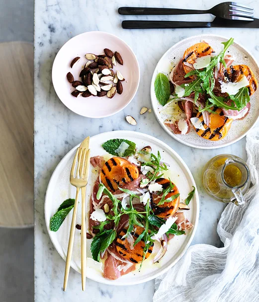 Grilled apricot salad with jamón and Manchego