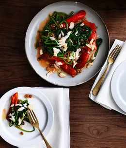Luca’s peppers with spinach and salt cod