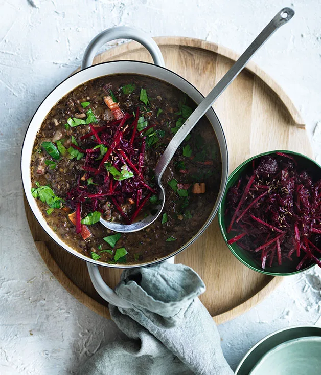 Lentil and speck soup with beetroot slaw