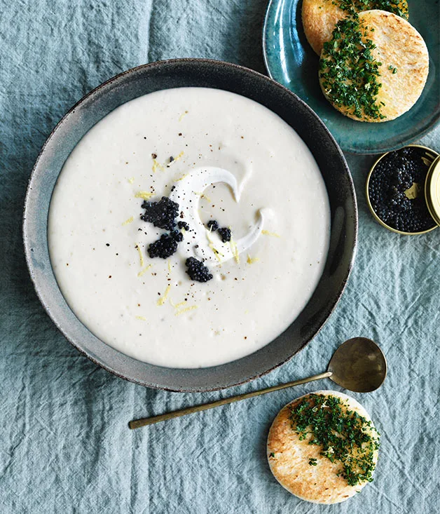 Roast garlic and potato soup with caviar and herb toast