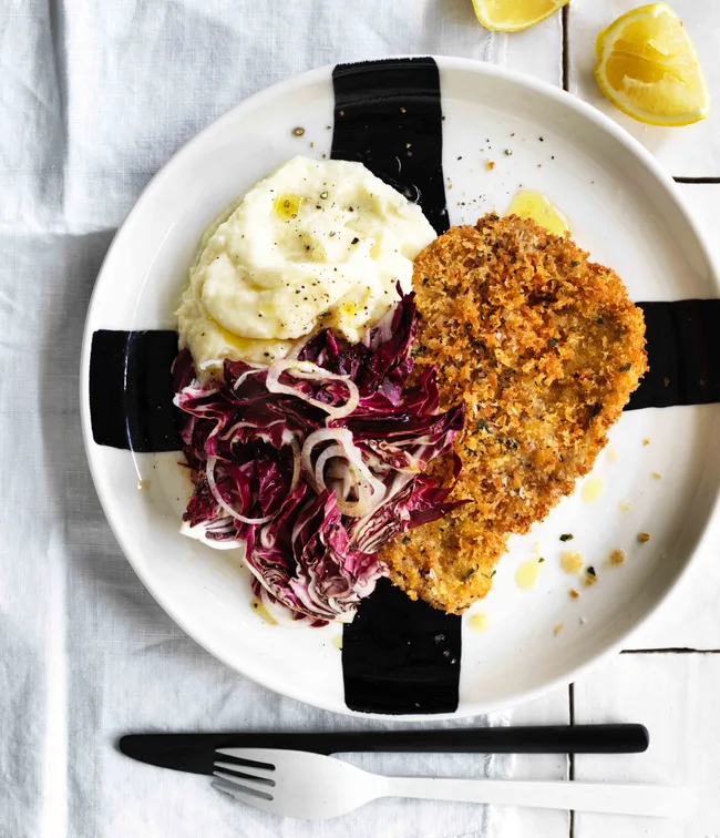 Pork schnitzel with parsnip mash