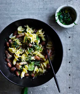 Gigli with borlotti beans and pancetta in mint salsa