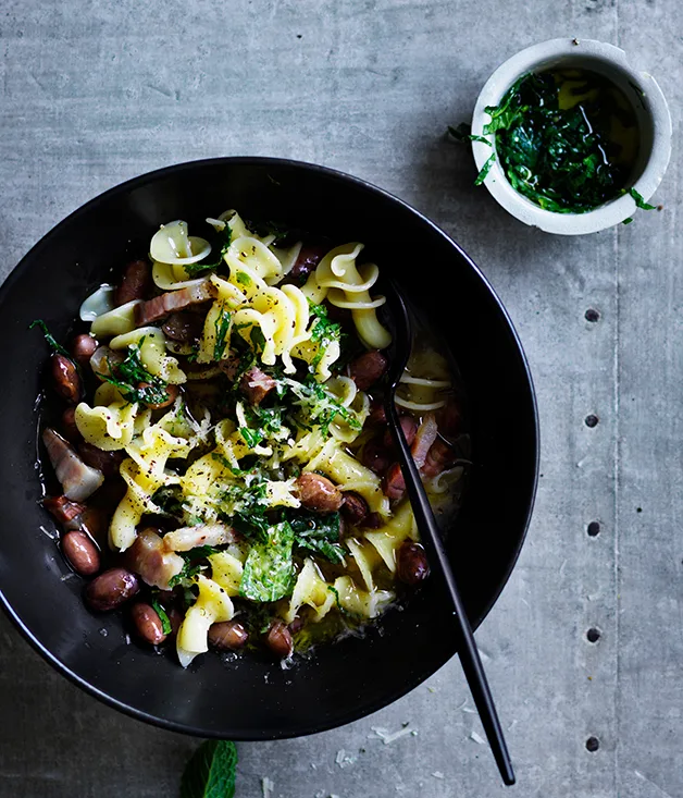 Gigli with borlotti beans and pancetta in mint salsa