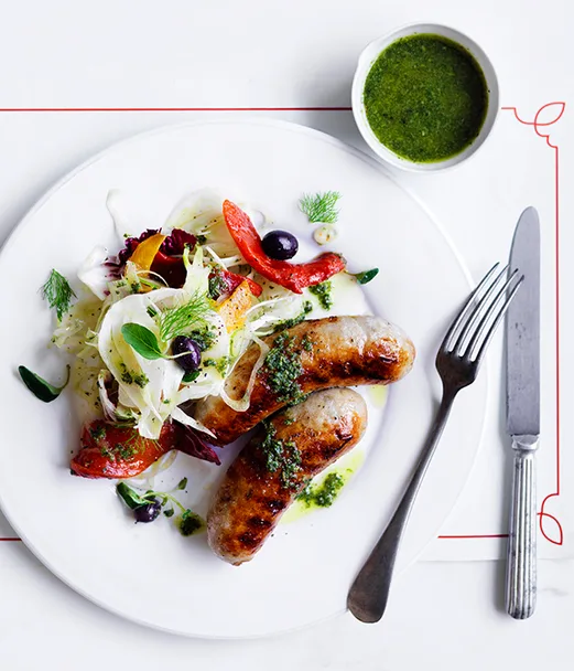 Grilled pork sausages with fennel, radicchio and roasted capsicum