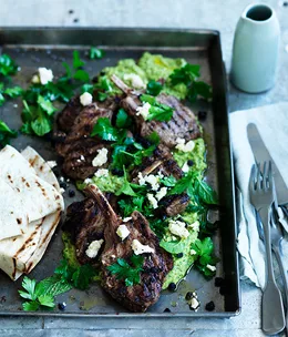 Sumac and coriander lamb cutlets with green hummus