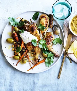 Roast spatchock with baby carrots, chickpeas and chermoula butter