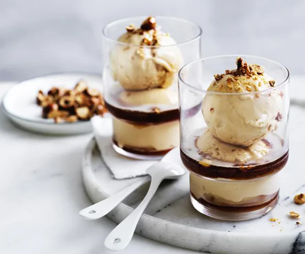 Espresso Martini affogato with candied hazelnuts