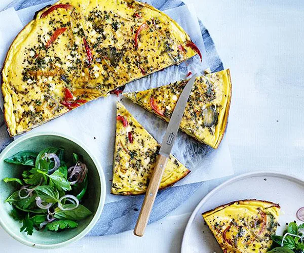 Piperade frittata with shallot and herb salad