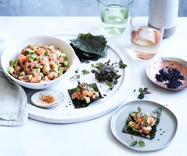 Sashimi tartare with avocado and smoky miso mayo
