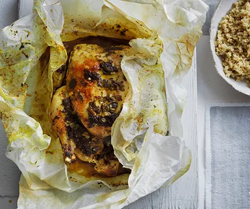 Spiced chicken en papillote with preserved lemon