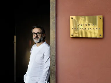 Massimo Bottura outside Osteria Francescana, ranked number one on The World's 50 Best Restaurants
