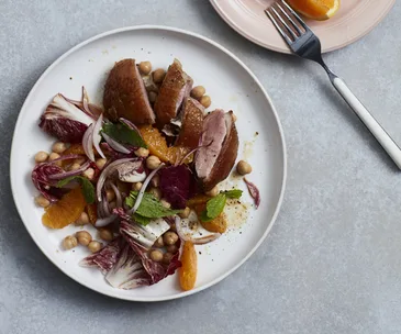 Orange, chickpea and crisp-skinned duck salad with mint