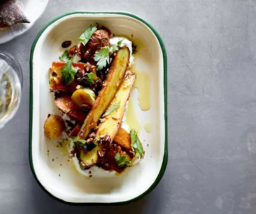 Roasted carrot salad, pepper sauce, olive oil and curd
