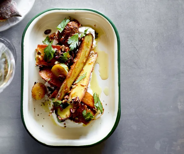 Roasted carrot salad, pepper sauce, olive oil and curd