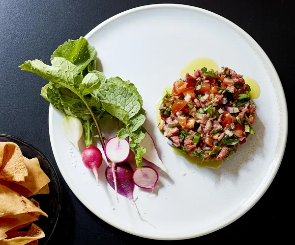 Wagyu kafta nayeh, radish and fried pita bread