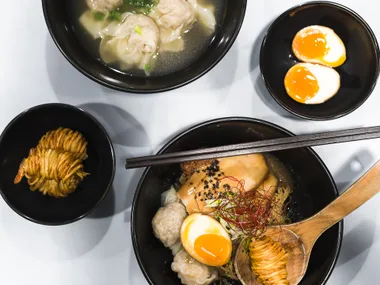 Hong Kong-style wontons, Singapore-style ramen and potato-wrapped prawns at A Noodle Story, inside Amoy Street Food Centre