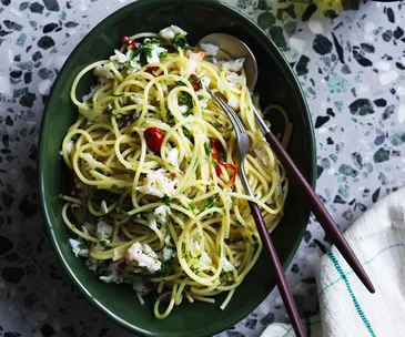Spaghetti and spanner crab meat