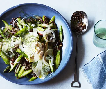 Green asparagus, lentil and labne salad