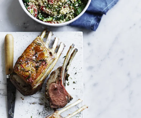 Lamb rack with piquillo peppers, rocket and burghul