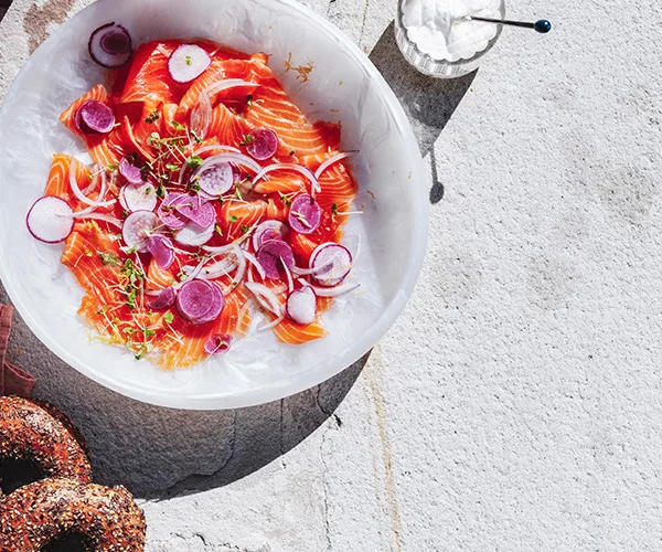 Citrus-cured salmon with horseradish cream and bagels