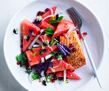 Ocean trout with watermelon, jalapeno and lime