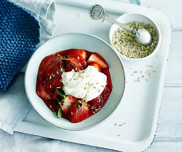 Roast strawberries with crème fraîche and candied fennel seeds