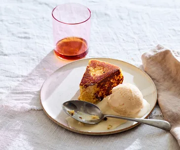 Semolina cake with orange ice-cream and eggnog custard