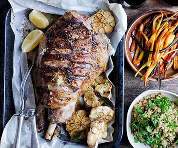 Roast lamb and carrots with buckwheat and carrot-top pilaf