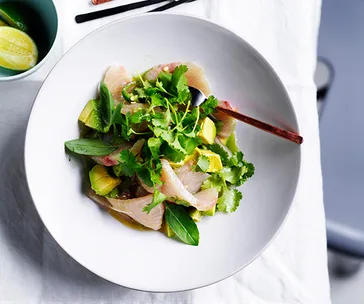 White fish crudo with avocado, herbs and cucumber-lime dressing