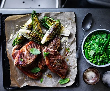 Barnsley chops with charred lettuce and peas