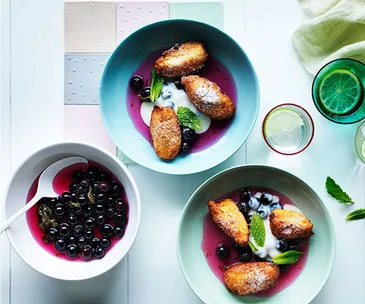 Hot ricotta fritters, blueberry-lime compote and ricotta cream