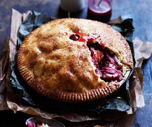 Rhubarb and apple pie with warm cinnamon custard