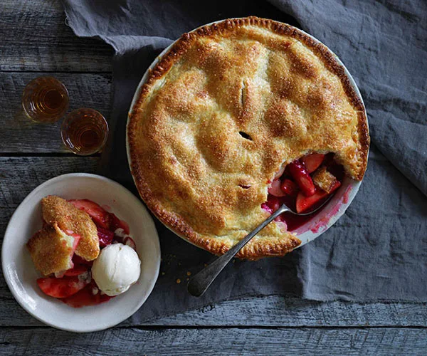Apple, rhubarb and raspberry pie with toasted almond ice-cream