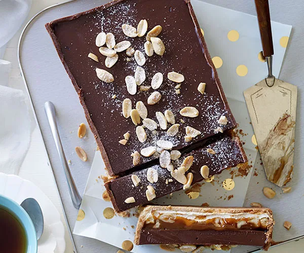 Nougat, salted peanut caramel and milk chocolate tart