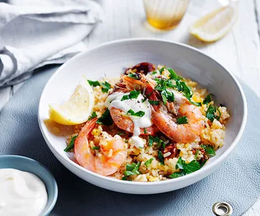 Spanish saffron rice with chorizo and prawns