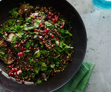 Grilled eggplant salad with lentils and sesame yoghurt