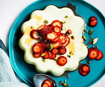 Curtis Stone’s yoghurt panna cotta with strawberries and rosewater