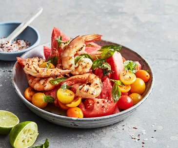 Mike McEnearney’s grilled prawn, watermelon and tomato salad